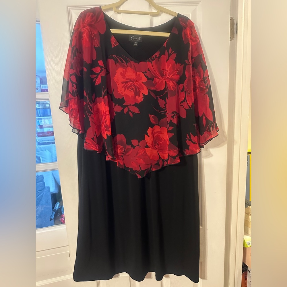 Connected Apparel Black Dress with Red Floral Overlay